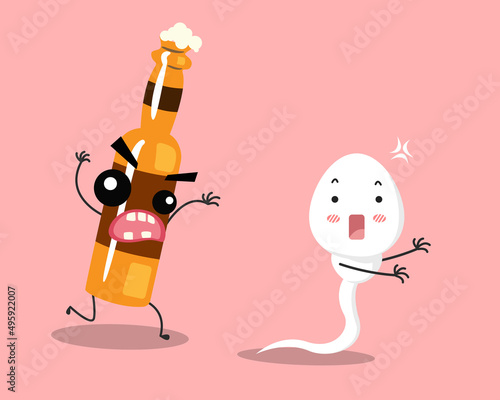 sperm run away from alcohol bottle cartoon. unhealthy sperm and egg concept. vector illustration	