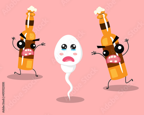 sperm run away from alcohol bottle cartoon. unhealthy sperm and egg concept. vector illustration	