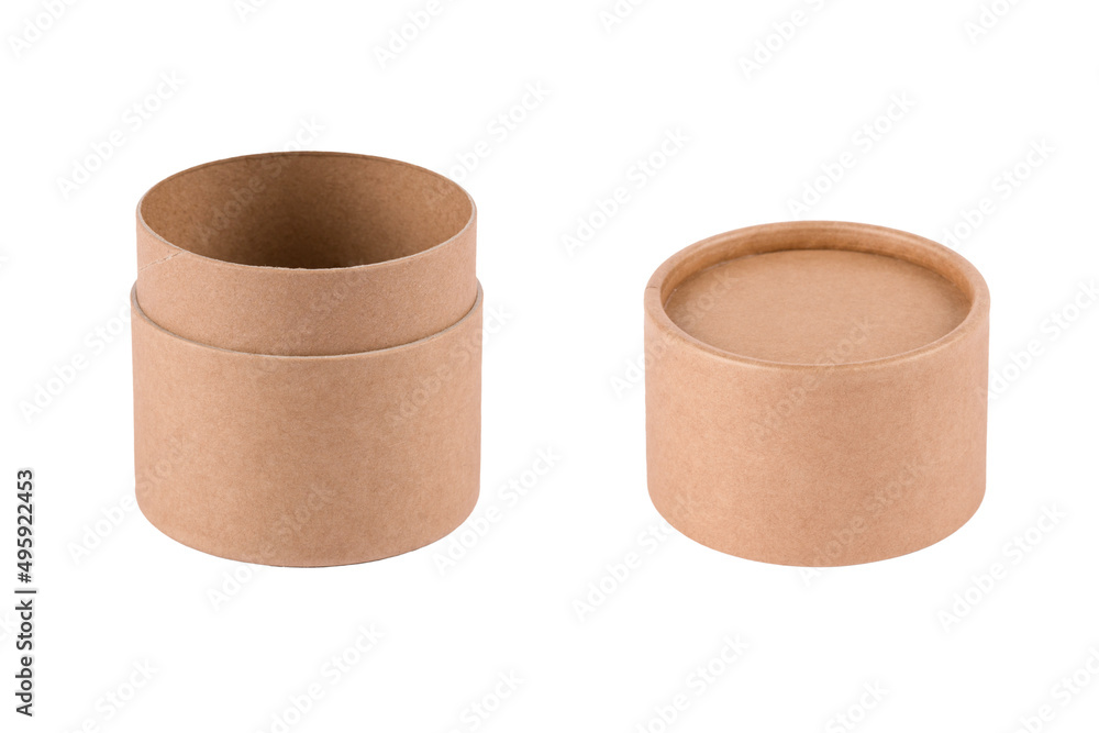 Paper tube with paper lid isolated on white for your design project or presentation. Mockup template. Cardboard containers for packaging, sustainable packaging concept Paper tube with paper lid isolated on white for your design project or presentation. Mockup template. Cardboard containers for packaging, sustainable packaging concept