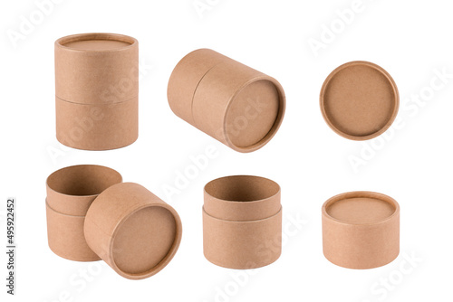 Mockup image of paper tube with paper cap in different positions isolated on white background for your design or presentation. Cardboard containers for packaging, sustainable packaging concept