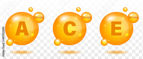 Vitamins A, C and E icon set. Pill capsule vector illustration on white isolated background. Drug business concept