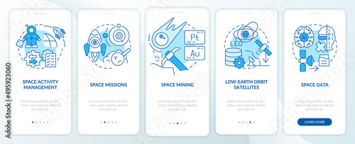 Trends in spacetech blue onboarding mobile app screen. Cosmos activity walkthrough 5 steps graphic instructions pages with linear concepts. UI, UX, GUI template. Myriad Pro-Bold, Regular fonts used