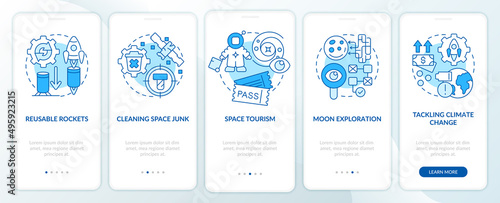 Space technologies blue onboarding mobile app screen. Exploration walkthrough 5 steps graphic instructions pages with linear concepts. UI, UX, GUI template. Myriad Pro-Bold, Regular fonts used