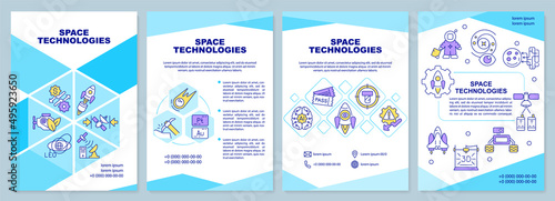 Space technologies blue brochure template. Equipment for exploration. Leaflet design with linear icons. 4 vector layouts for presentation, annual reports. Arial-Black, Myriad Pro-Regular fonts used