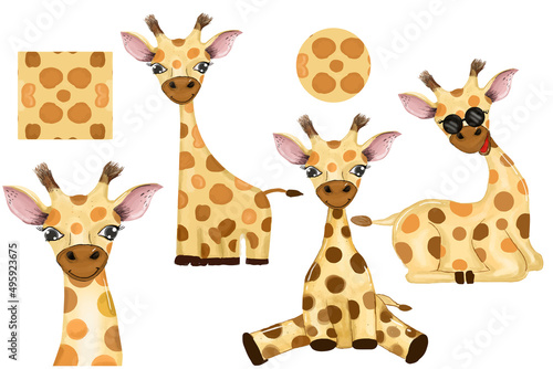 Set of watercolor giraffe. Adorable watercolor giraffe kids isolated on white background. safari giraffe