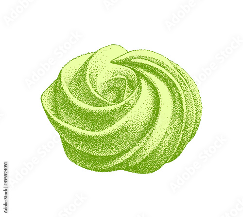 Matcha cake. Dessert with green tea flavor. Sketch of sweetness with matcha powder. Green meringue, marshmallow. Vintage style. Hand-drawn vector.