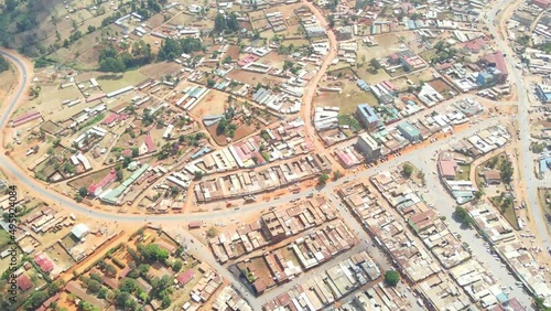 aerial drone view kamatira in west pokot, kapenguria, Kenya. Kapenguria is a town lying north east of Kitale and the capital of the West Pokot County.  traditional rural community in Kenya Africa photo