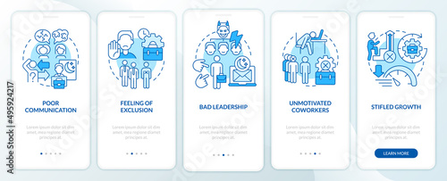 Signs of toxic workplace blue onboarding mobile app screen. Walkthrough 5 steps graphic instructions pages with linear concepts. UI, UX, GUI template. Myriad Pro-Bold, Regular fonts used