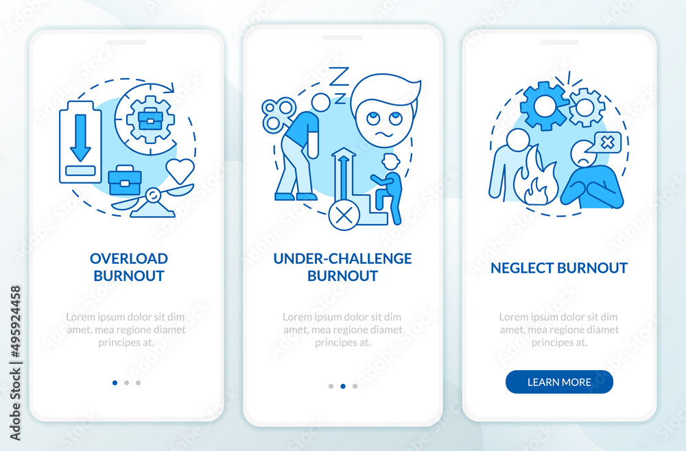Types of burnout blue onboarding mobile app screen. Work related stress walkthrough 3 steps graphic instructions pages with linear concepts. UI, UX, GUI template. Myriad Pro-Bold, Regular fonts used