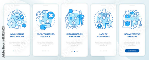 Toxic leader traits blue onboarding mobile app screen. Walkthrough 5 steps graphic instructions pages with linear concepts. UI, UX, GUI template. Myriad Pro-Bold, Regular fonts used