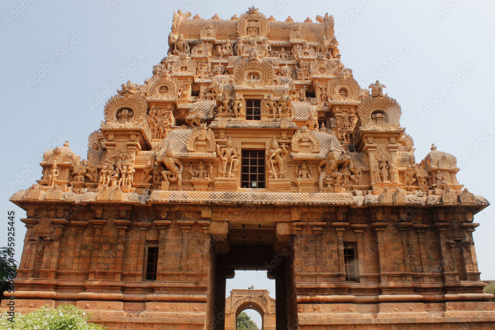 Entrance of Thanjavur Brihadisvara temple Tower Gopuram in Tanjore Tamilnadu India