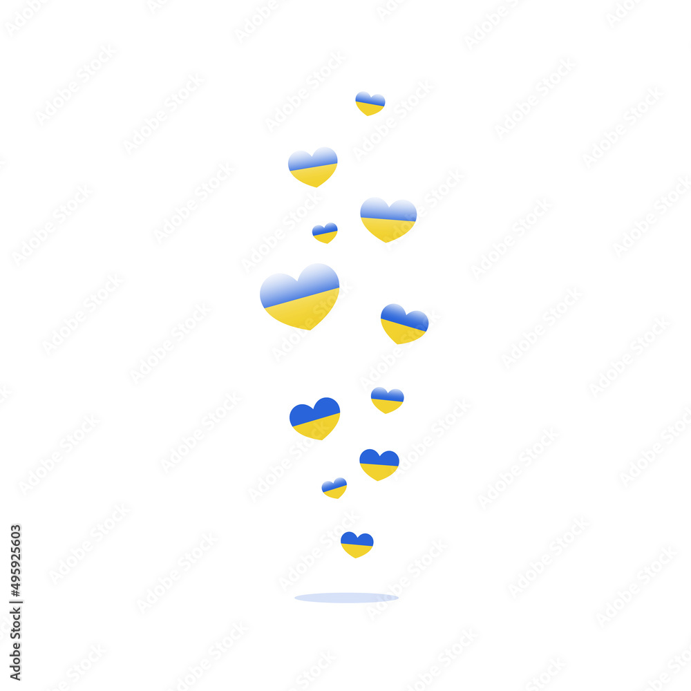 Like icons flying on white background. Hearts in the colors of the Ukrainian flag.