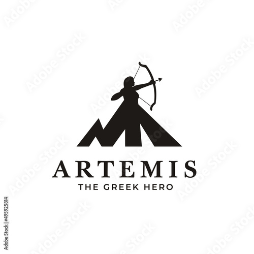 Illustration of Greek Goddess Artemis with bow and arrow logo on top of a mountain.