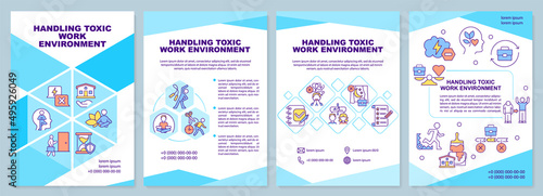 Handling toxic work environment brochure template. Poor relationship. Leaflet design with linear icons. 4 vector layouts for presentation, annual reports. Arial-Black, Myriad Pro-Regular fonts used