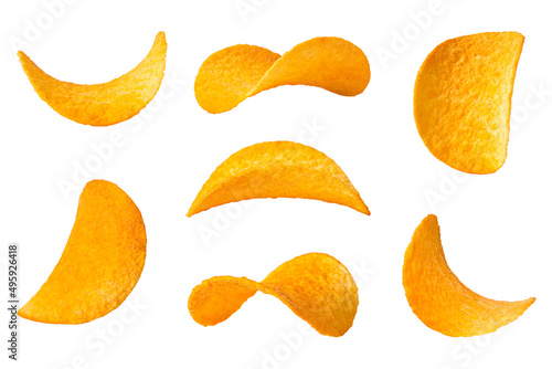 Potato chips isolated on white background. Collection, set