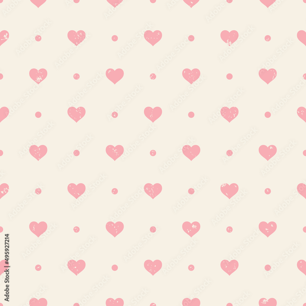 Retro grunge seamless pattern. Pink hearts and dots on beige background