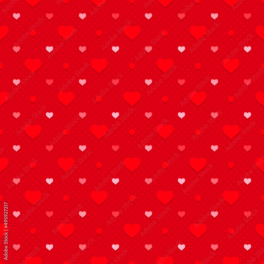 Retro seamless pattern. Hearts and dots on red dotted background