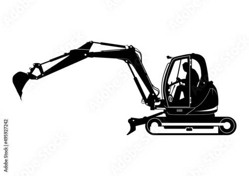 Silhouette of compact excavator with driver. Tracked mini excavator. Side view. Vector.