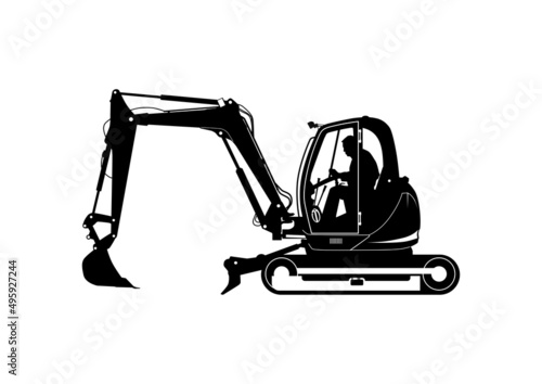 Silhouette of compact excavator with driver. Tracked mini excavator. Side view. Vector.