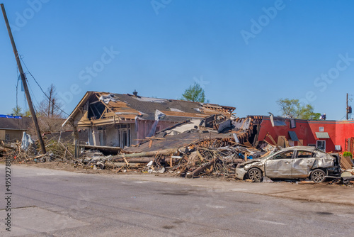 Severely Damaged Buildings and Car after Tornado Touched Down on March 22, 2022 in Arabi, LA, USA © William A. Morgan