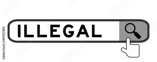 Search banner in word illegal with hand over magnifier icon on white background