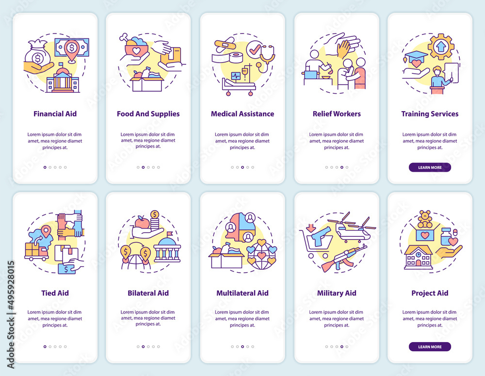 International aid onboarding mobile app screen set. Financial assistance walkthrough 5 steps graphic instructions pages with linear concepts. UI, UX, GUI template. Myriad Pro-Bold, Regular fonts used