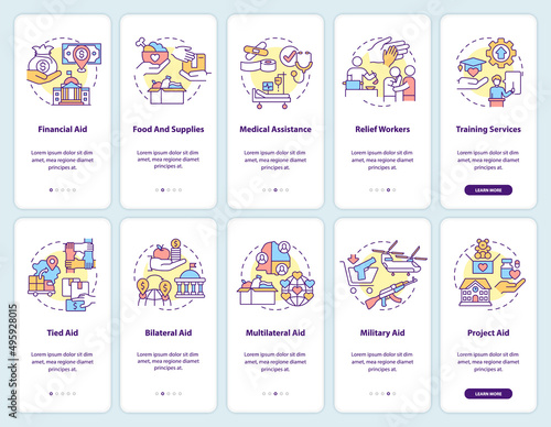 International aid onboarding mobile app screen set. Financial assistance walkthrough 5 steps graphic instructions pages with linear concepts. UI, UX, GUI template. Myriad Pro-Bold, Regular fonts used © bsd studio