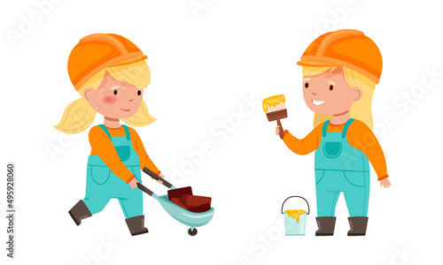 Kids builders set. Cute girls wearing overalls and hardhats with wheelbarrow and paint brush cartoon vector illustration