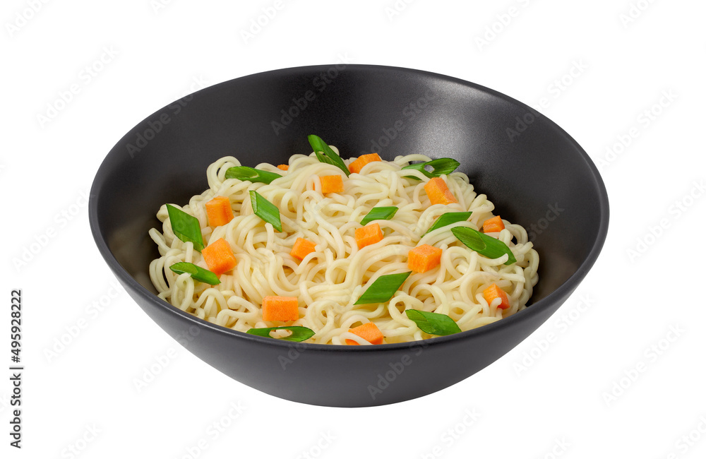 Instant noodles cooked with vegetables and herbs in a dark bowl isolated on white background with clipping path. Instant noodles cooked with vegetables and herbs in a dark bowl isolated on white background with clipping path.