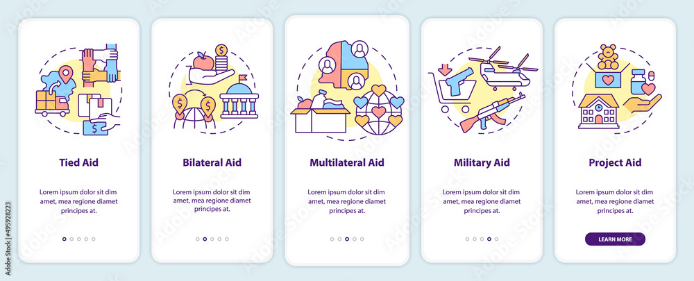 Types of international aid onboarding mobile app screen. Military aid walkthrough 5 steps graphic instructions pages with linear concepts. UI, UX, GUI template. Myriad Pro-Bold, Regular fonts used