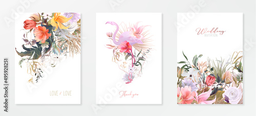 Tropical flamingo art, Wedding invitation frame set; flowers, leaves, waterco...