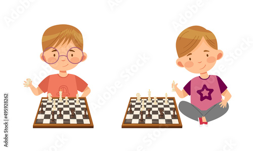 Cute boy and girl playing chess logic game for brain development cartoon vector illustration