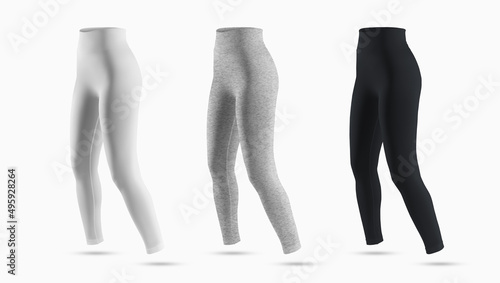 White, black and heather mockups of women's high waist sports leggings.
