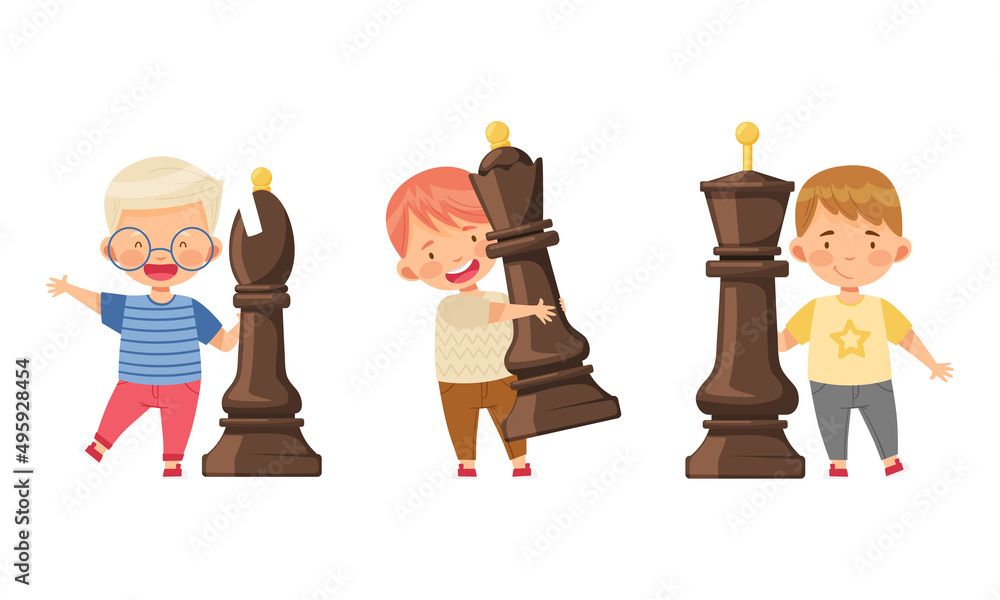 Little Boys With Big Chess Pieces Kids Playing Chess Logic Game