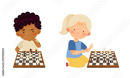 Little boy and girl sitting on floor playing chess game cartoon vector illustration