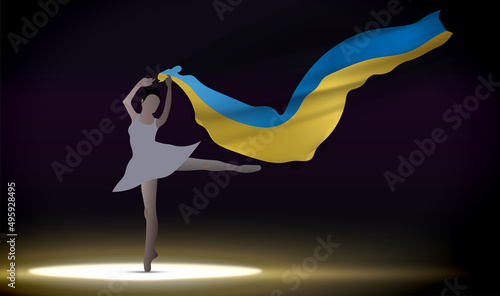 Silhouette of a ballerina on dark background. Ballet dancing ballerina woman holding Ukrainian flag on stage background. Patriotism and Solidarity with Ukraine. Illustration © ImageSine