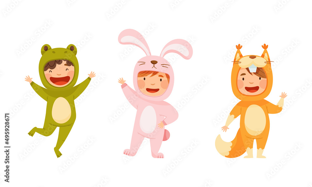 Happy kids animal in costumes set. Adorable children wearing as frog, bunny and squirrel cartoon vector illustration Happy kids animal in costumes set. Adorable children wearing as frog, bunny and squirrel cartoon vector illustration