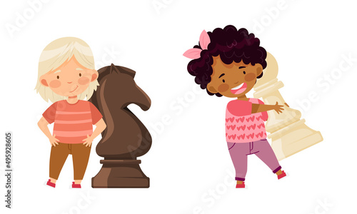 Children with big chess pieces. Kids playing chess logic game cartoon vector illustration