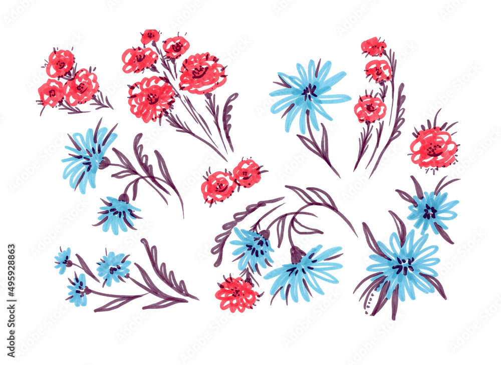 Set flower and leave on watercolor blot. Provence illustration. Tulip flower