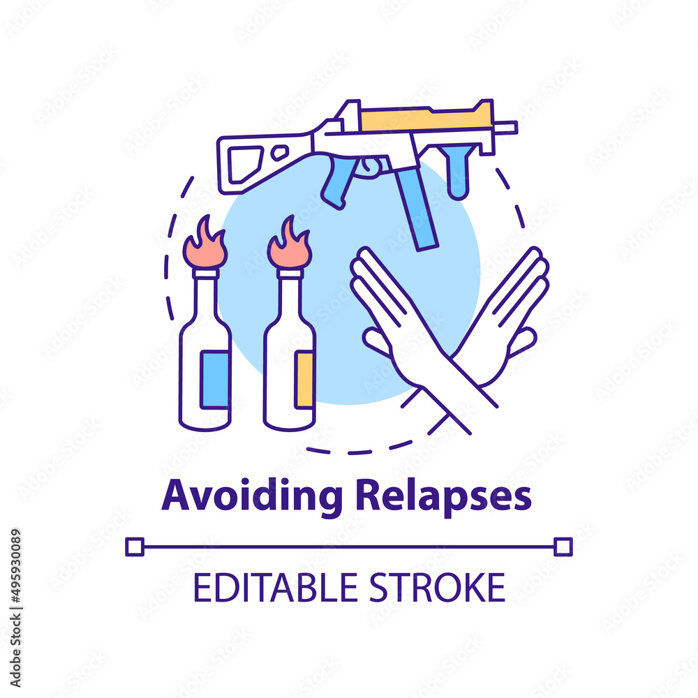 Avoiding relapses concept icon. Post conflict stabilization abstract idea thin line illustration. Ban on weapons. Isolated outline drawing. Editable stroke. Arial, Myriad Pro-Bold fonts used Avoiding relapses concept icon. Post conflict stabilization abstract idea thin line illustration. Ban on weapons. Isolated outline drawing. Editable stroke. Arial, Myriad Pro-Bold fonts used