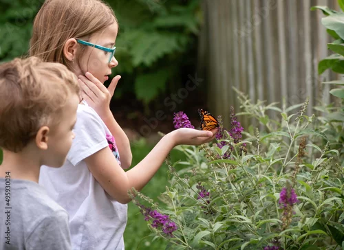Fototapeta na wymiar child releasing monarch butterfly