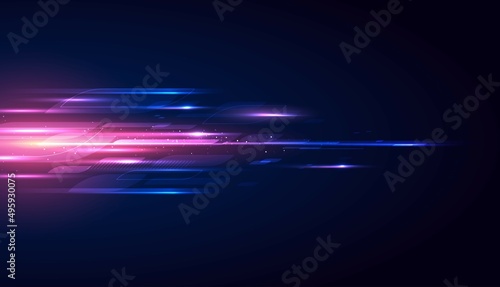Modern abstract high-speed light effect. Technology futuristic dynamic motion on blue background. Movement pattern for banner or poster design background concept. photo