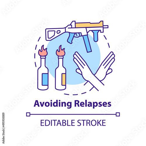 Avoiding relapses concept icon. Post conflict stabilization abstract idea thin line illustration. Ban on weapons. Isolated outline drawing. Editable stroke. Arial, Myriad Pro-Bold fonts used