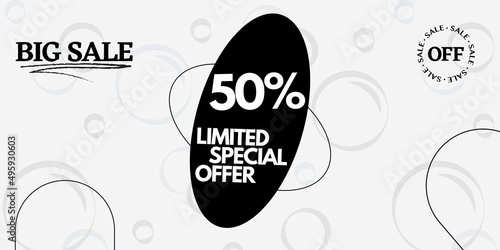 50% off limited special offer. Banner with fifty percent discount on a white background with black circles
