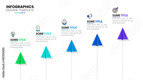 Infographic template with icons and 5 options or steps. Paper planes