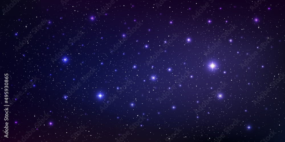 Stars and stardust in deep universe. Bright star in the dark space background. Vector illustration.