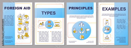 Foreign humanitarian assistance blue brochure template. Overseas aid. Leaflet design with linear icons. 4 vector layouts for presentation, annual reports. Arial, Myriad Pro-Regular fonts used