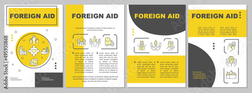 Foreign assistance yellow brochure template. Altruistic purpose. Leaflet design with linear icons. 4 vector layouts for presentation, annual reports. Arial, Myriad Pro-Regular fonts used
