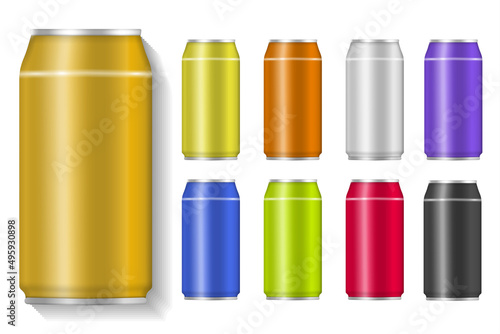 Realistic metallic aluminum cans for soda, drink.