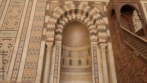 Mihrab and minbar of Mamluk Sultan al-Nasir Muhammad ibn Qalawun mosque, Cairo citadel in Egypt. Tilt down photo